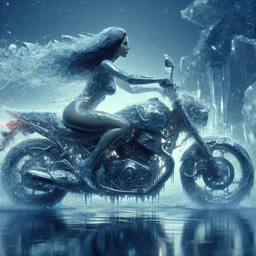 Icy Motorcycle Ride: Digital Avatar in Metal Art
