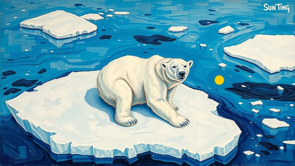 Polar Bear on Ice Floe: Neo-Impressionist Pencil Drawing