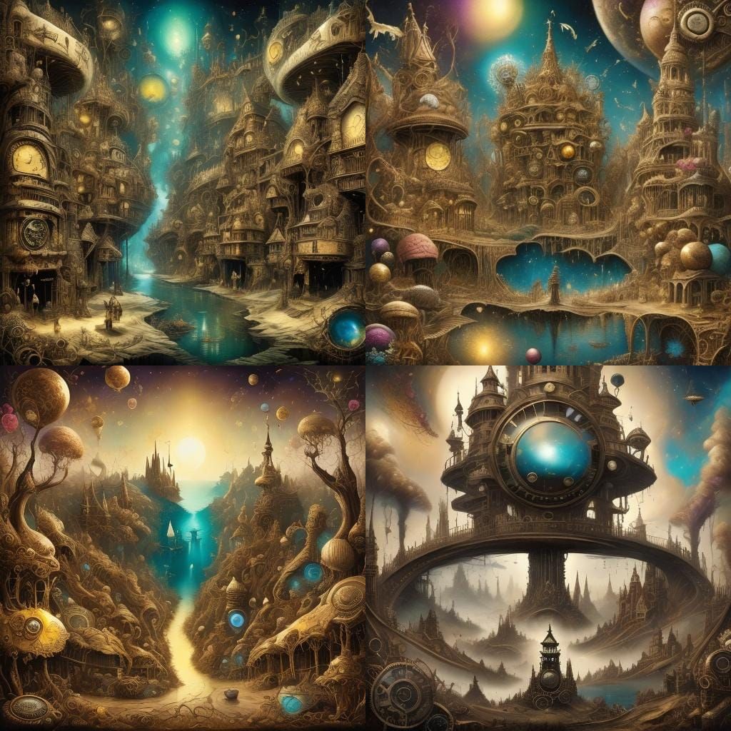 Steampunk Surrealism: Fantasy Landscape in Alcohol Ink Style