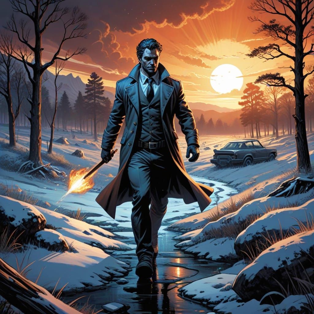 Fiery Subject in Icy Landscape, Comic Art Style