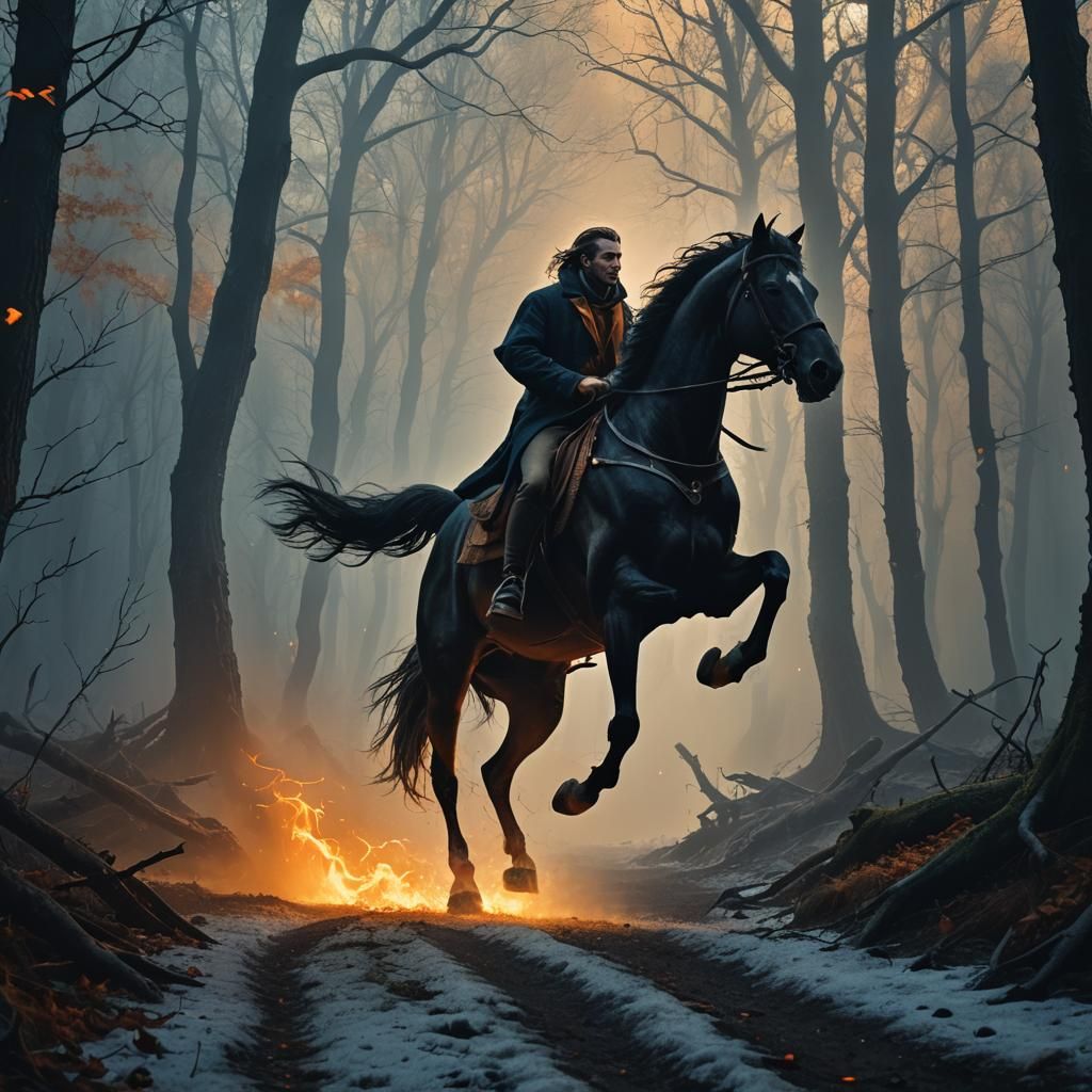 Rider Gallops into Dark Forest: Fantasy Art