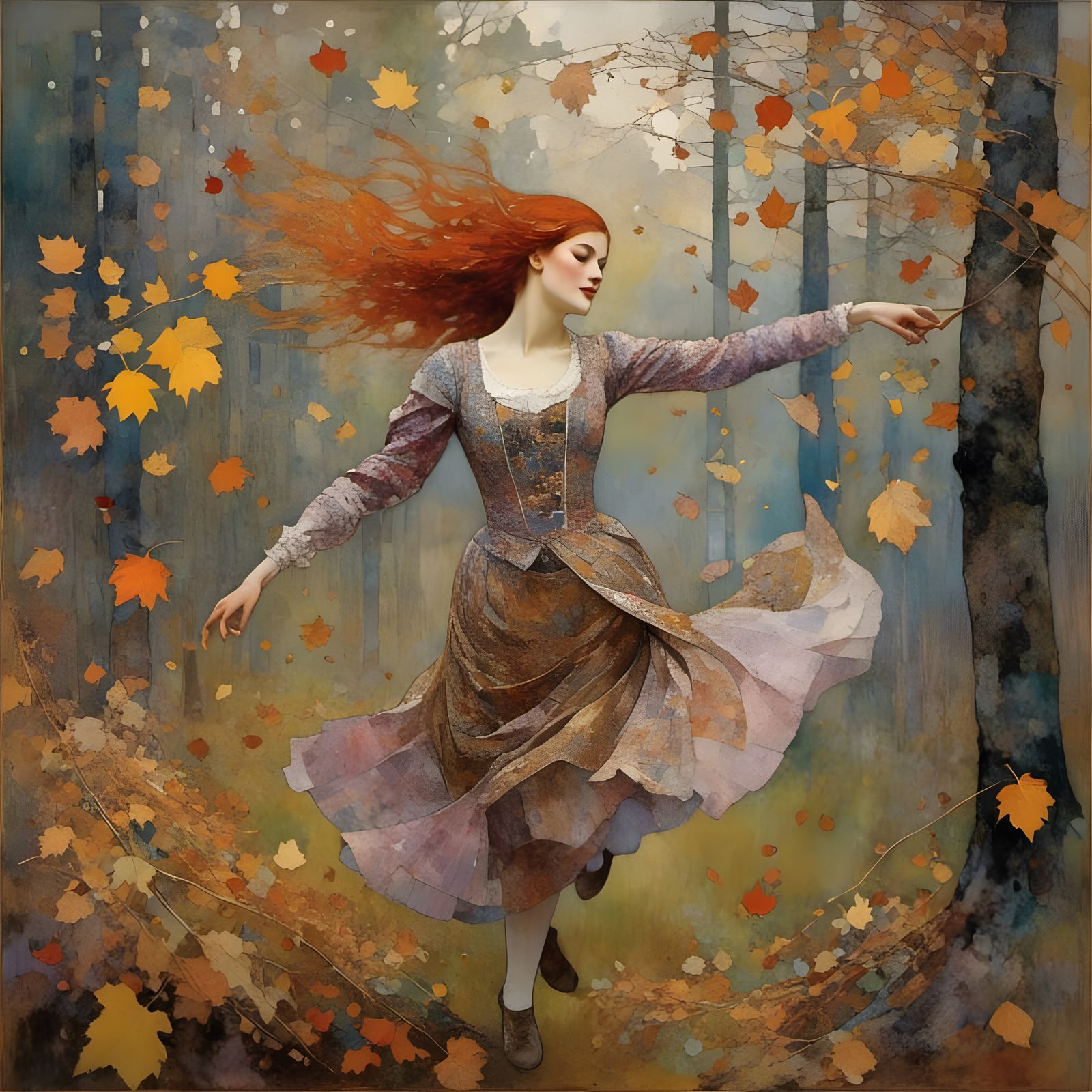 Scottish Woman Dancing in Autumn Forest, Surreal Portrait