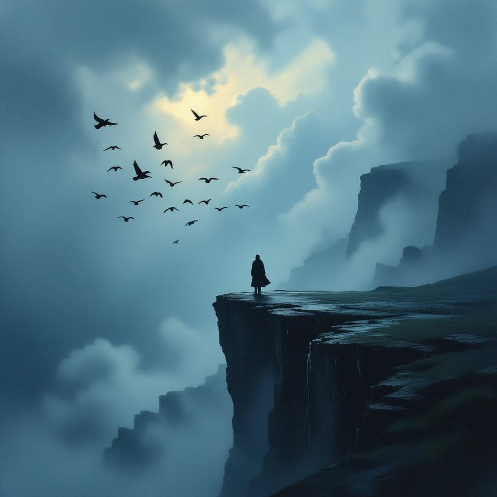 Dramatic Cliffside Figure Against Stormy Sky