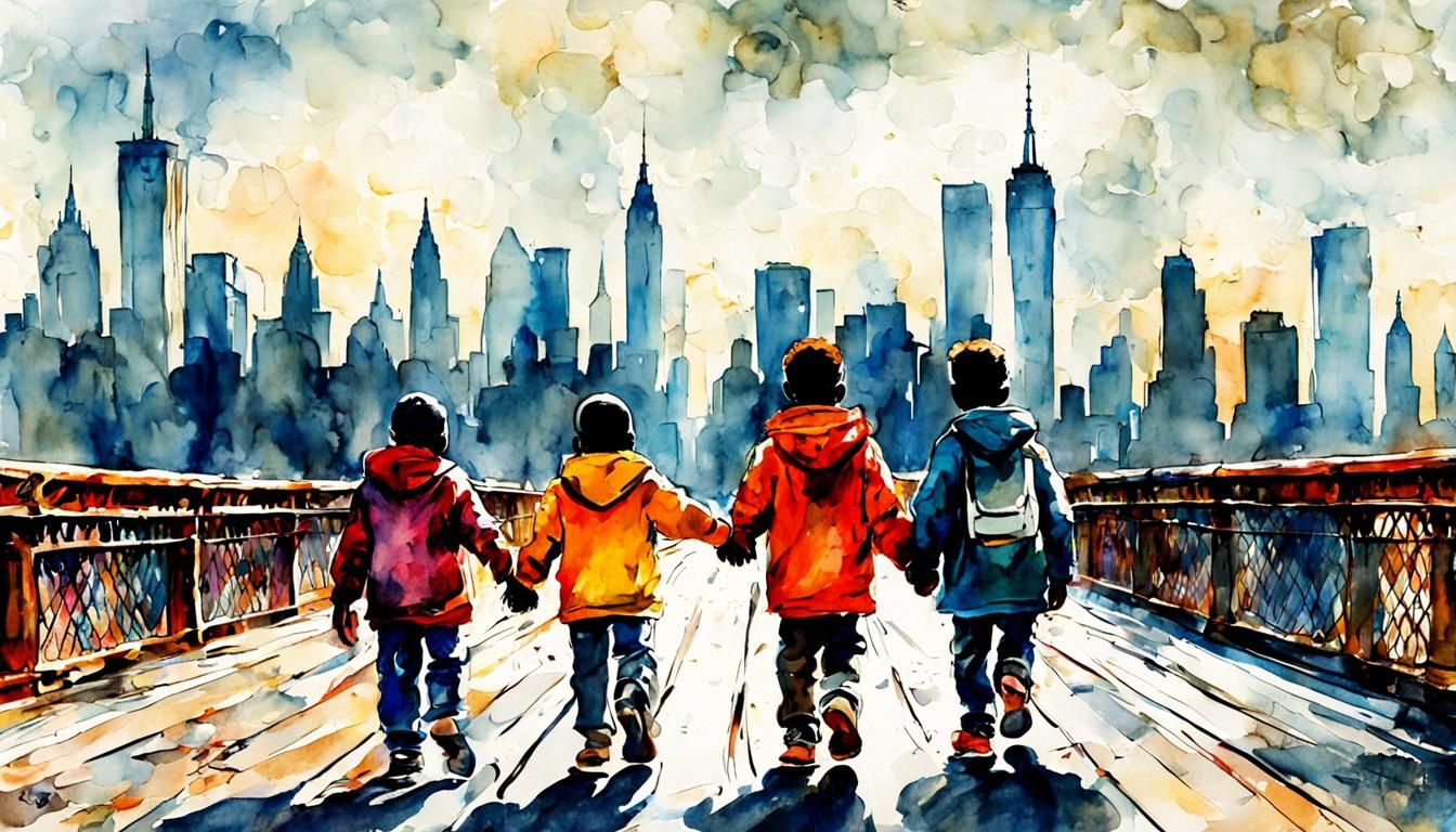 Children on Brooklyn Bridge: Watercolor in Rembrandt Style