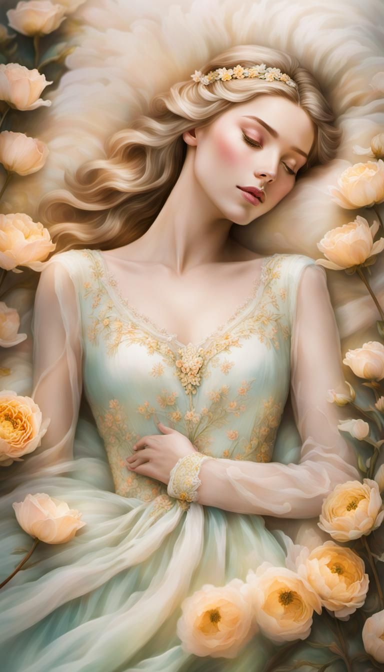 Sleeping Beauty Kissed in Dreamy Watercolor Landscape
