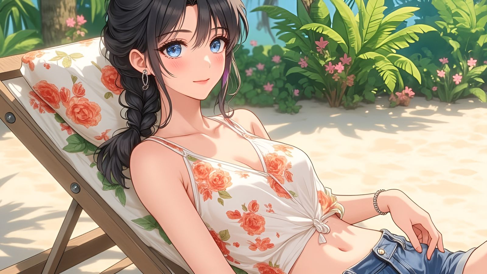 Anime Woman Relaxing on Beach in Josei Manga Style