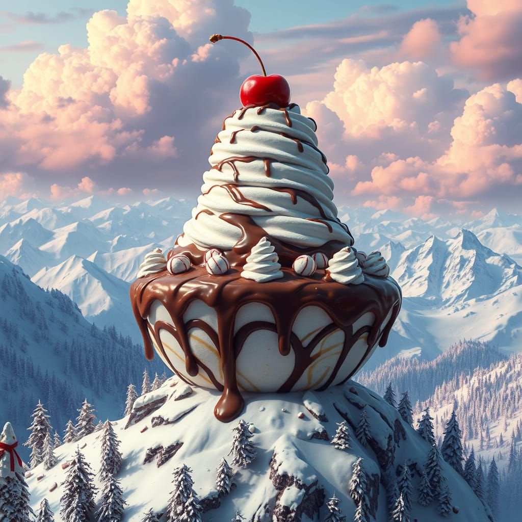 Hyperrealistic Ice Cream Sundae on Snowy Mountain