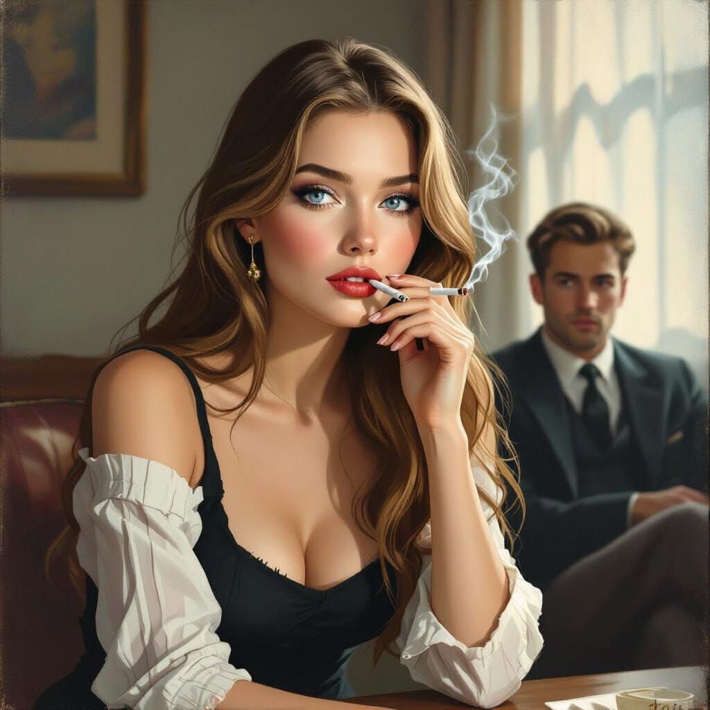 Woman Smoking Indoors, Poignant Domestic Scene