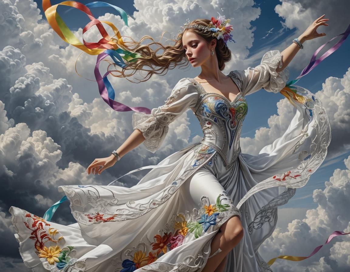 Rainbow Ribbon Dancer in Silver Dress Among Clouds