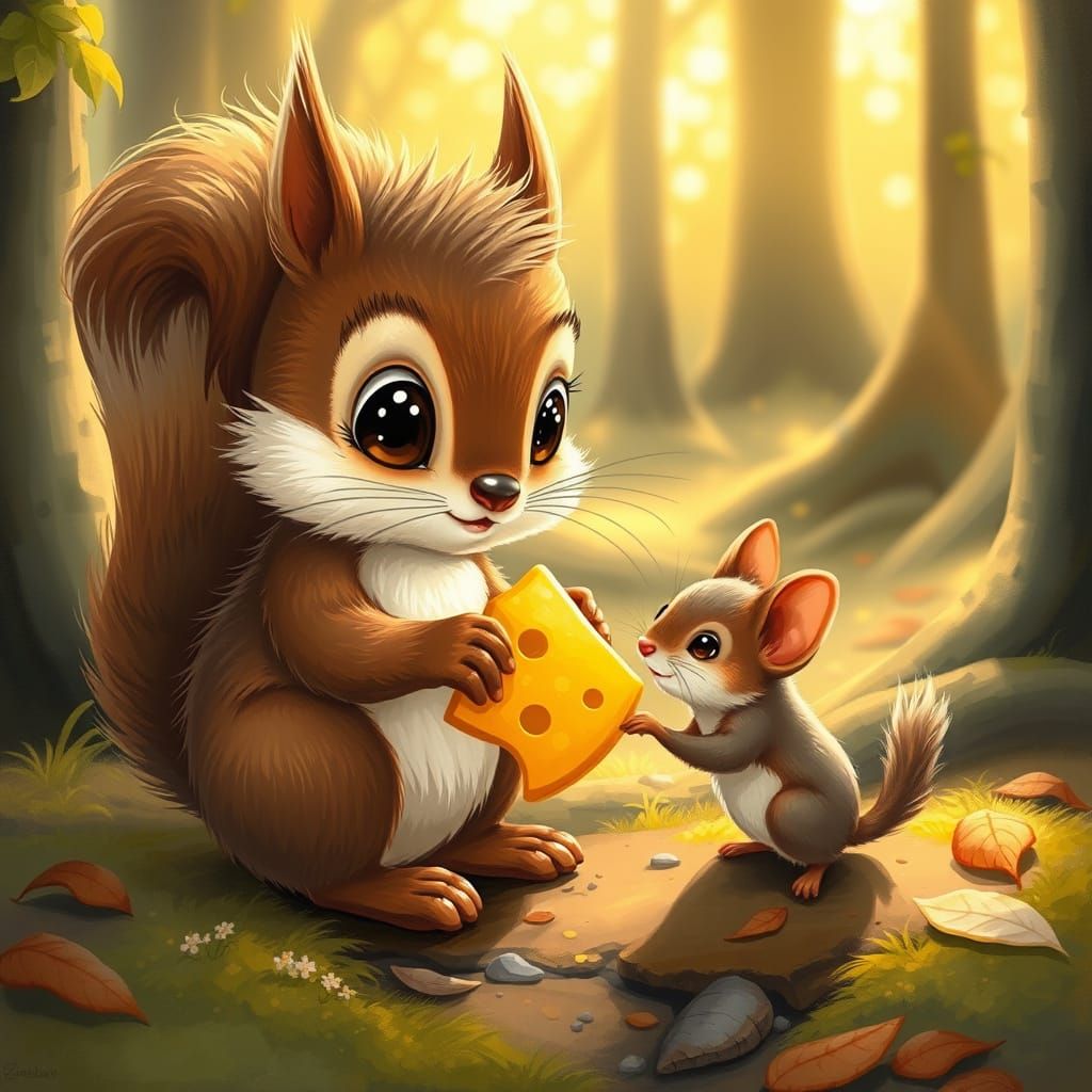 Whimsical Squirrel Offers Cheese to Mouse in Forest