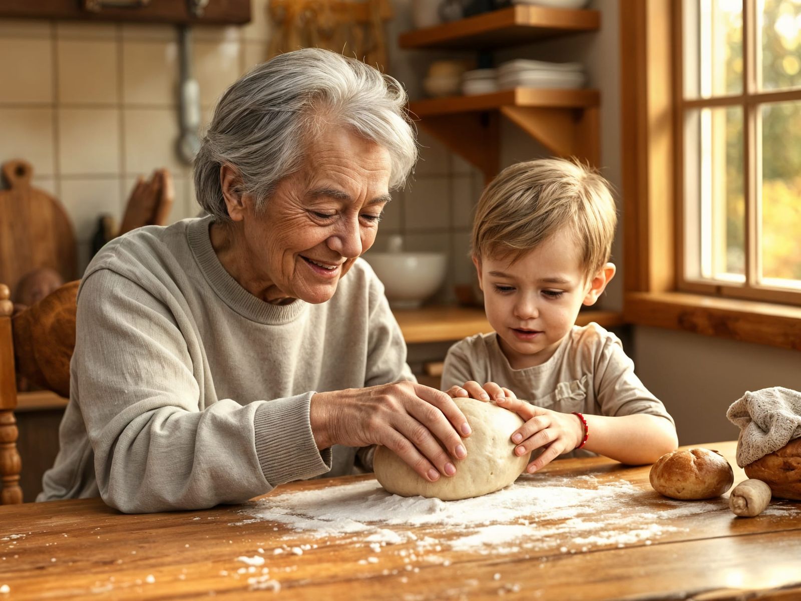 Grandparent Teaching Child to Bake With Love