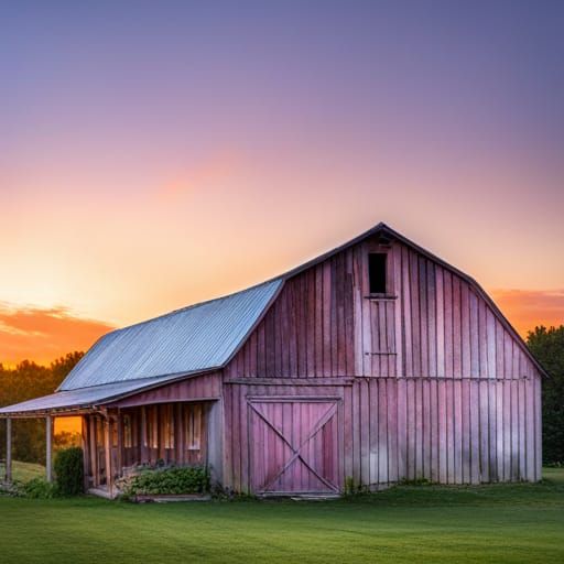 Sunset Over Farm Barn: Photorealistic Wide-Angle View