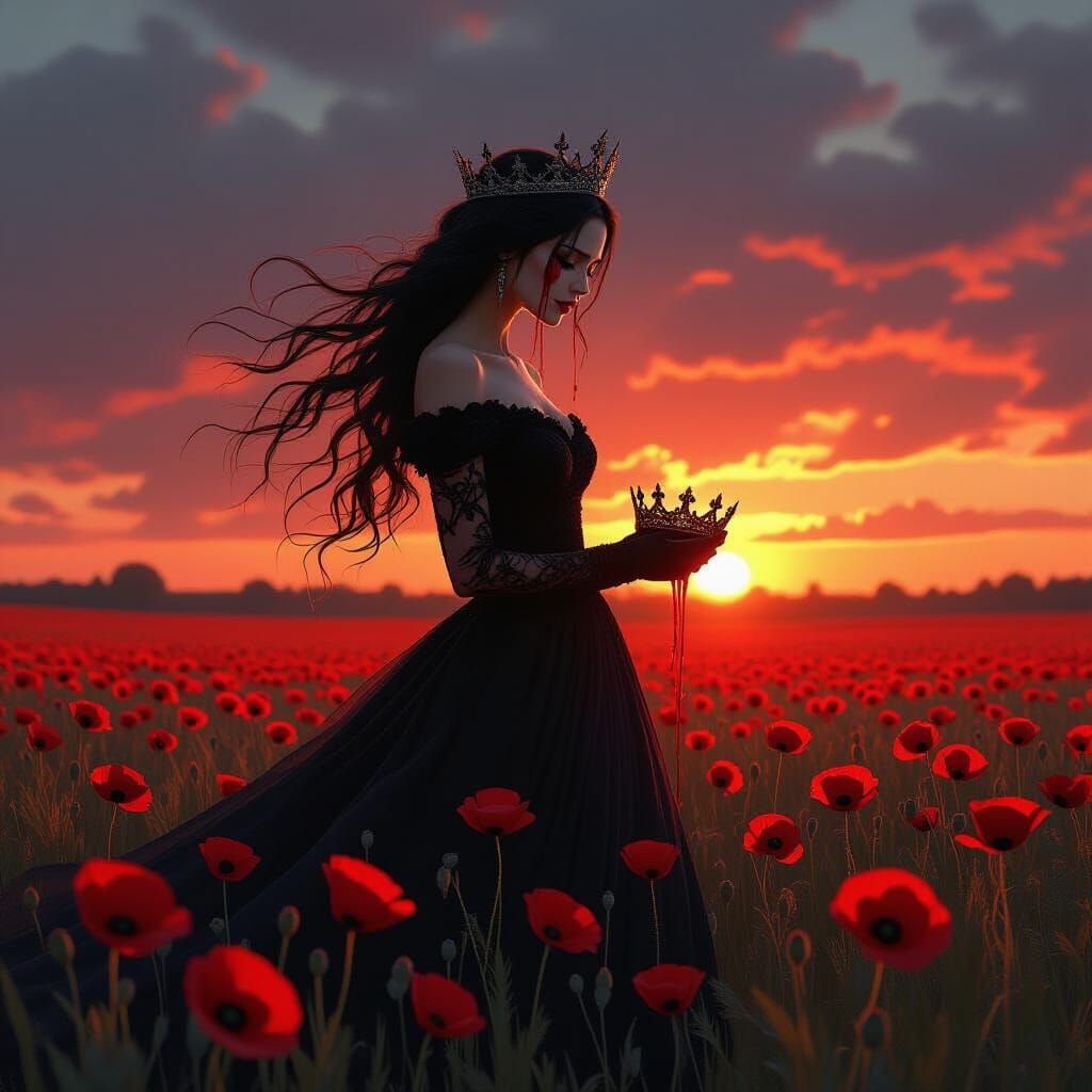 Sorrowful Queen in Poppy Field: Dark Fantasy Art