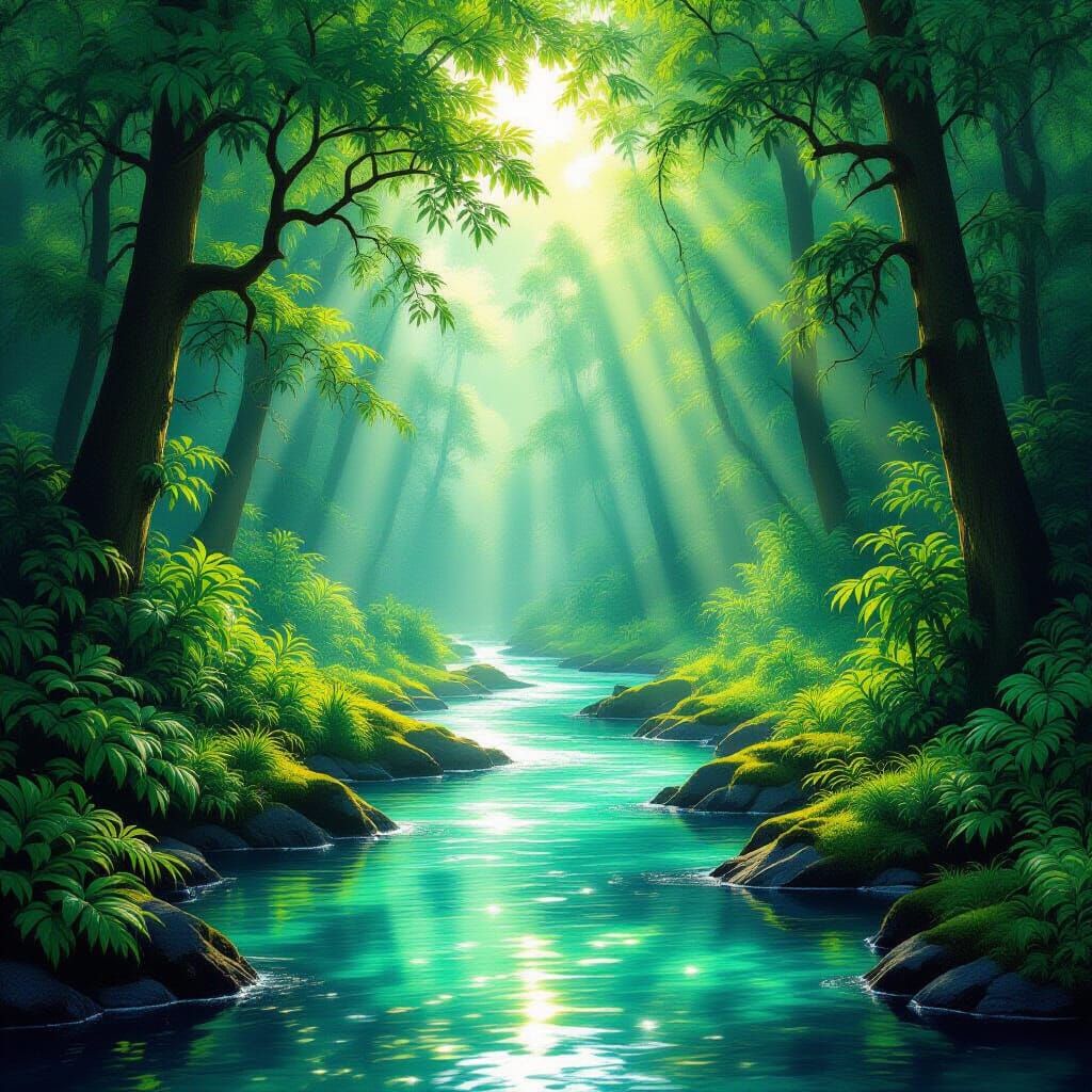 Emerald Forest River with God Rays in Hyperrealistic Style