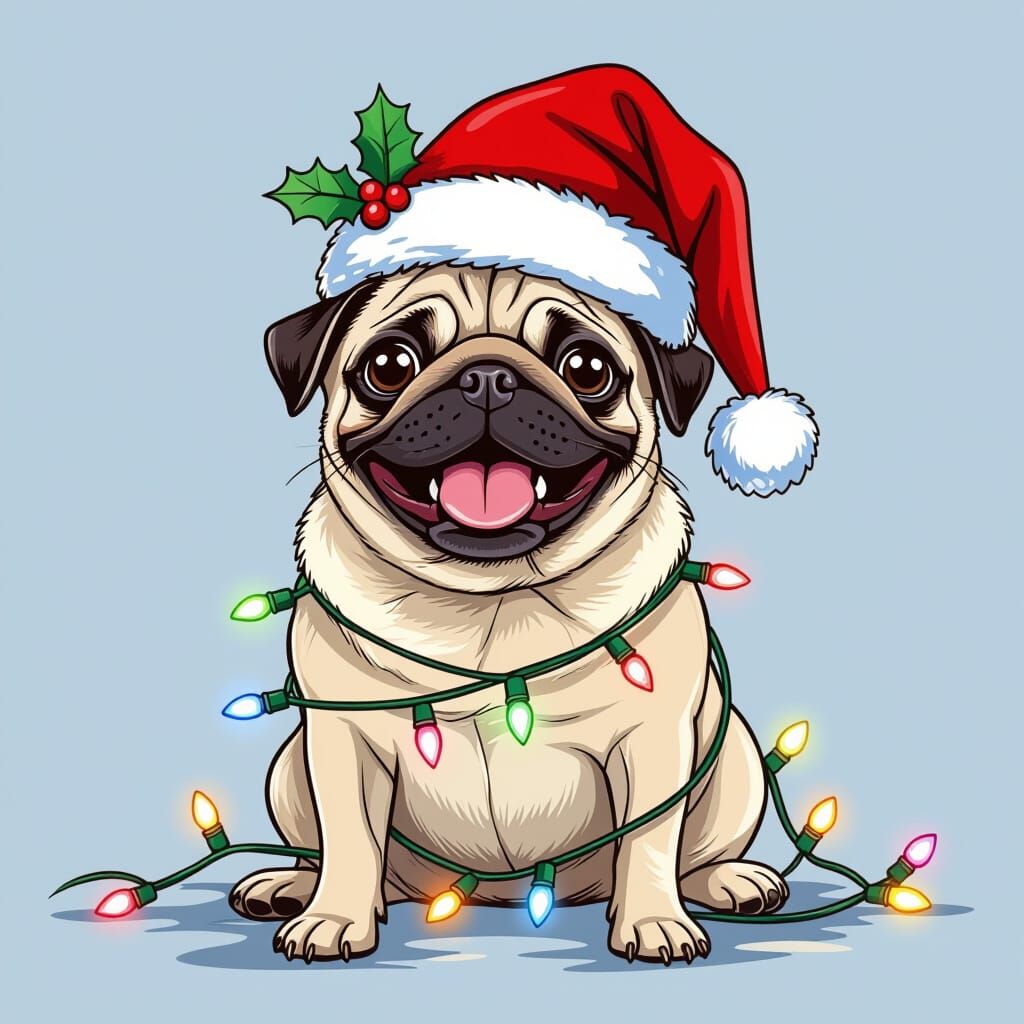 Cute Cartoon Pug Dog in Santa Hat with Lights