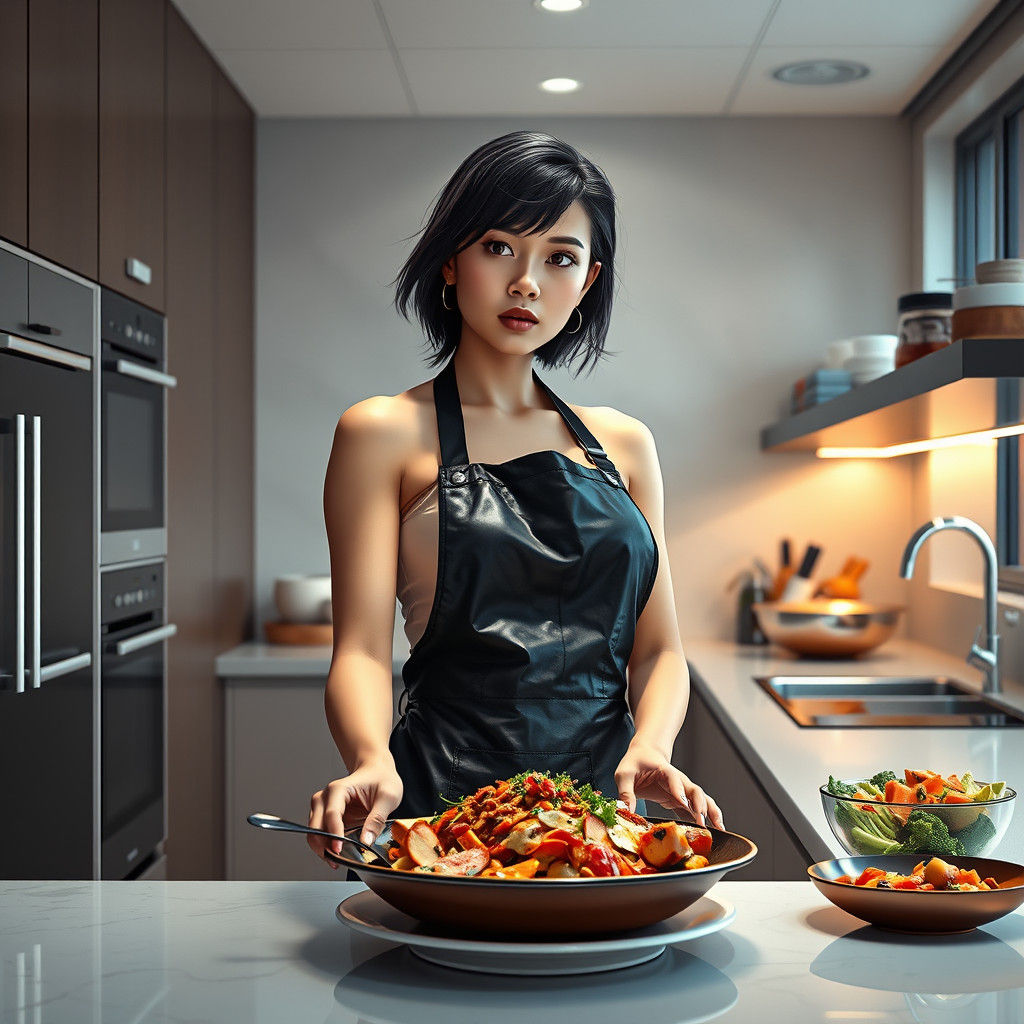 High-Fantasy Woman Prepares Meal in Modern Kitchen