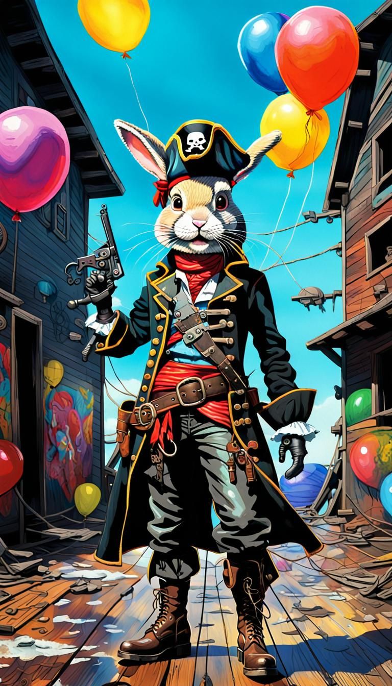 Bunny Pirate with Balloons in Graffiti Art Style