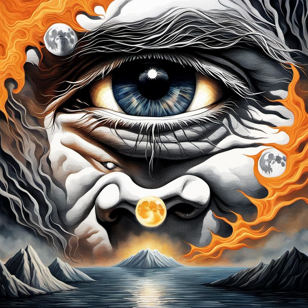 Celestial Face with Sun and Moon Eyes