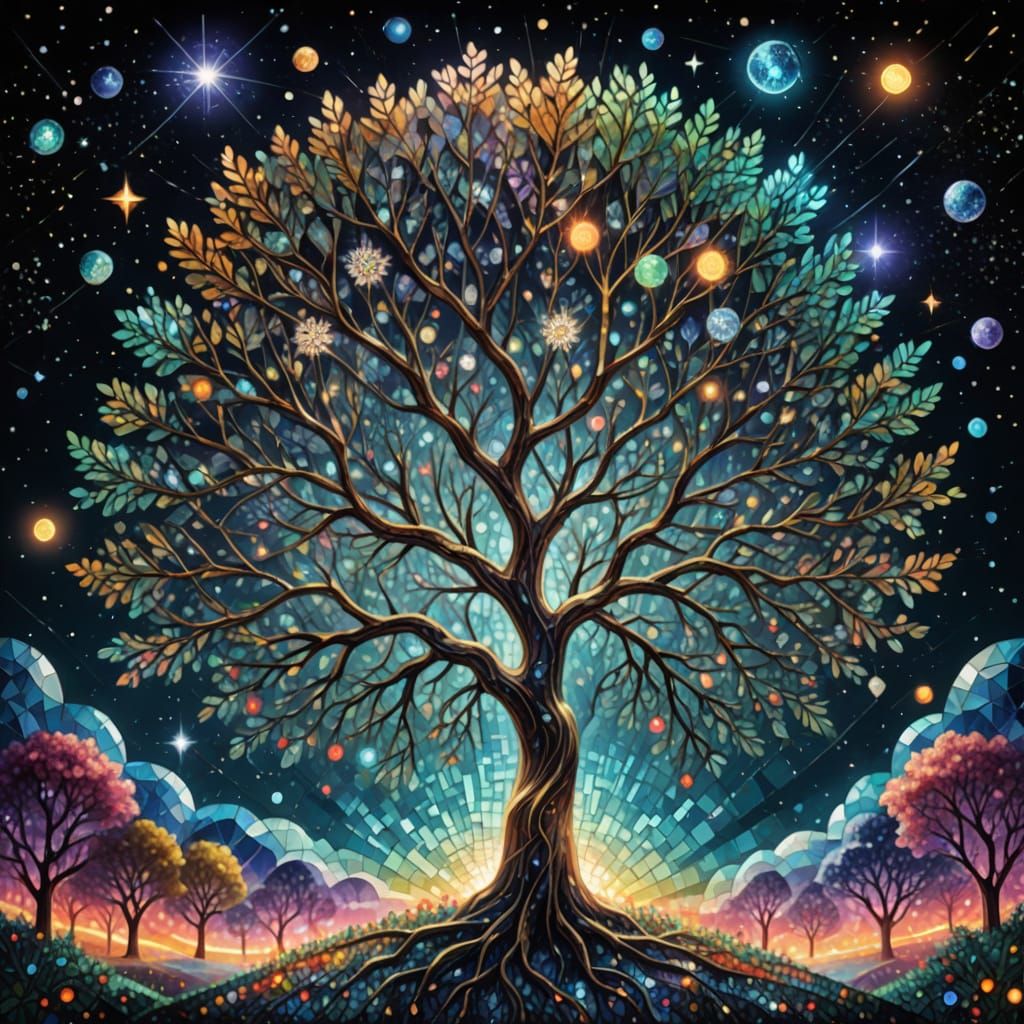 Ethereal Glass Mosaic Tree in Cosmic Light