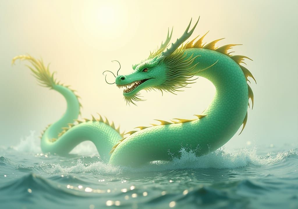 Serpentine Dragon Emerging from Misty Waters