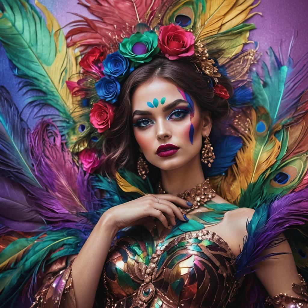 Fauvist Portrait of Woman with Peacock Feathers