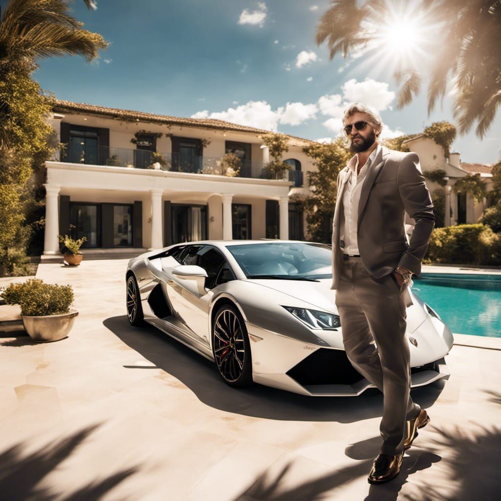 Luxury Mansion Scene with Wealthy Man and Lamborghini