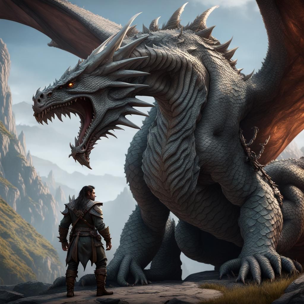 Half-Orc Ranger and Serpentine Dragon Fantasy Art