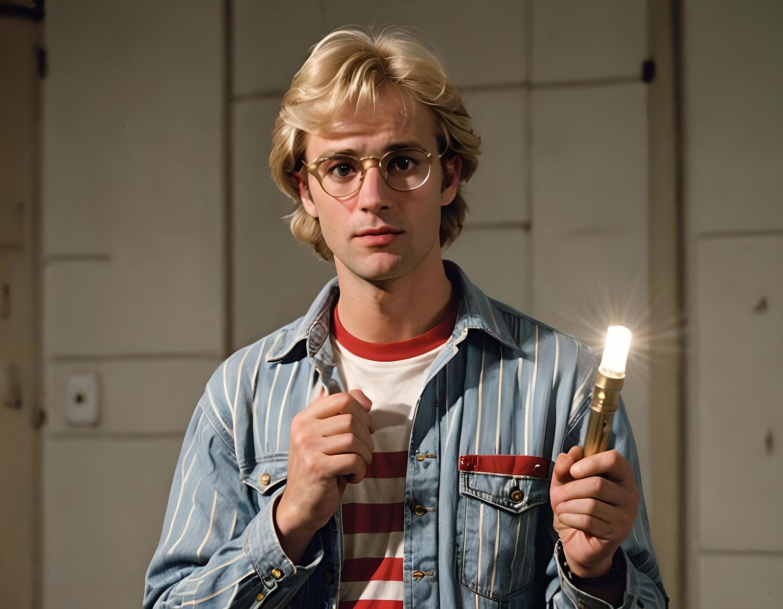 Charlie in University Hallway, 80s Movie Still