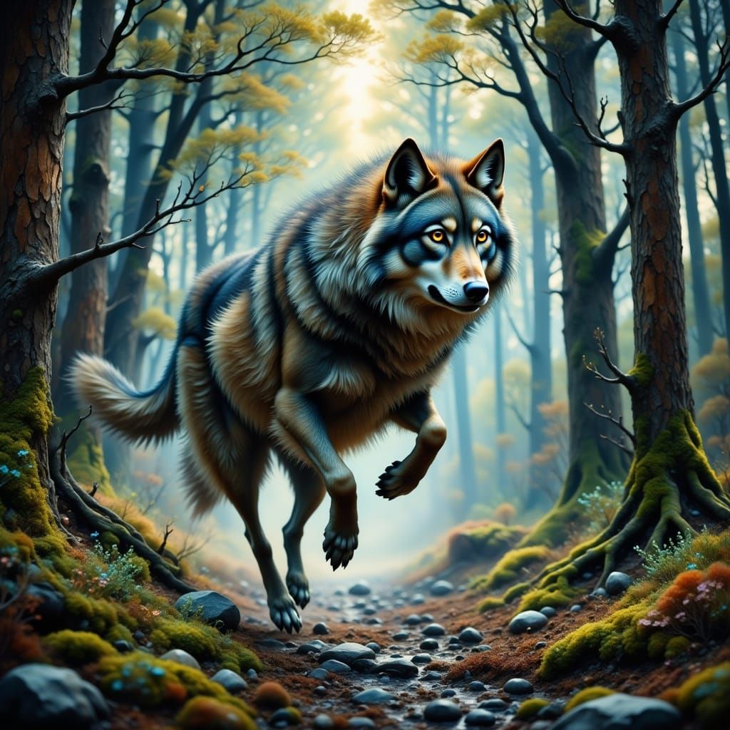 Majestic Wolf in Misty Forest, Digital Painting