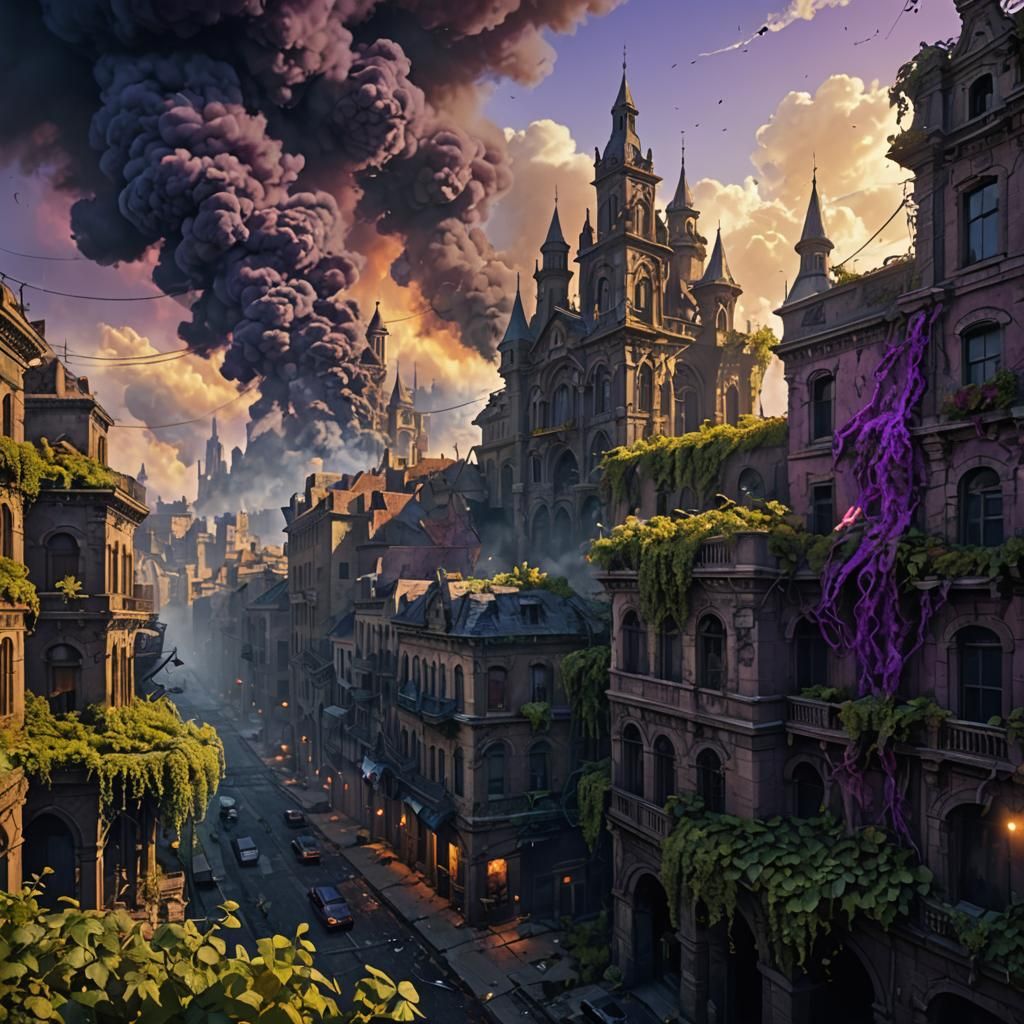 Abandoned City with Distant Smoke, Dark Fantasy Art
