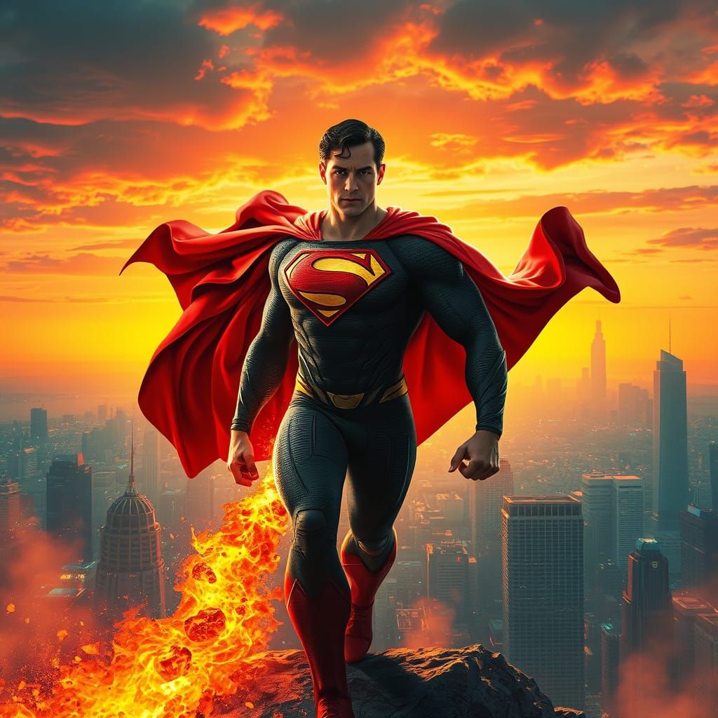 Superman in Fiery Cape with Dystopian Metropolis