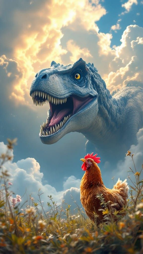 Brown Chicken Witnesses T Rex in the Skies, Hyperrealistic S...
