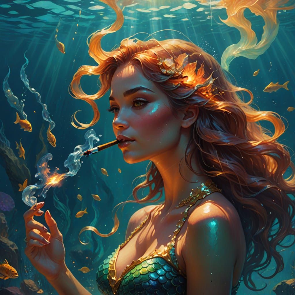 Mermaid Smoking Cigar in Vibrant Oil Painting