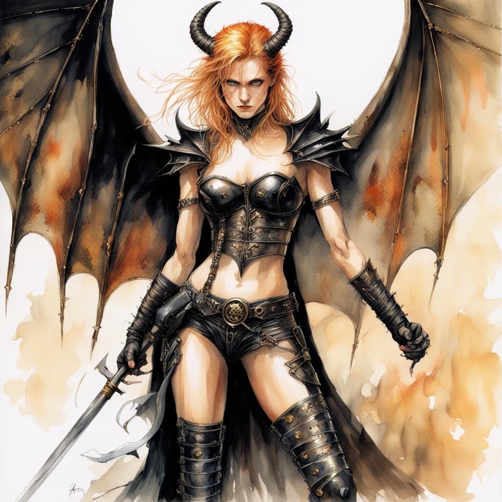 Watercolor Cambion with Bat Wings and Horns