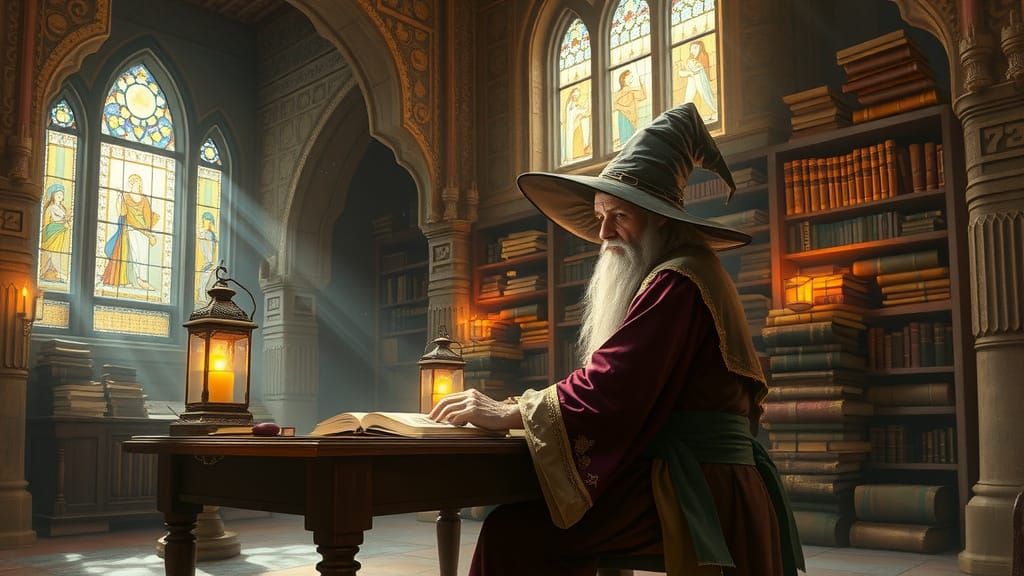 Wizard Reading in Ancient Library, Digital Painting