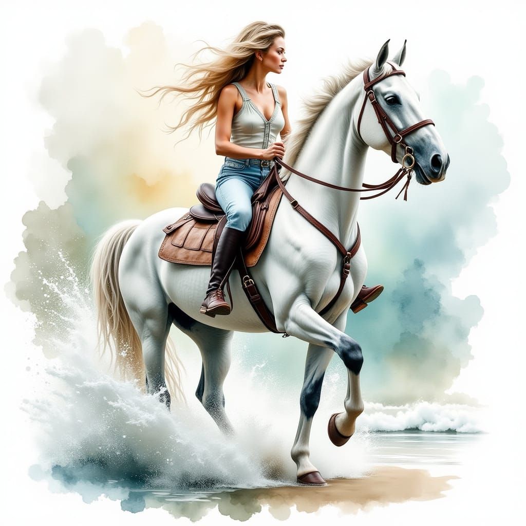 Elegant Woman Riding White Horse in Watercolor