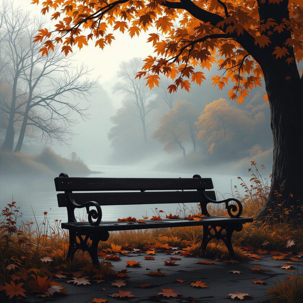 Lonely Bench in Autumnal Park: Grayscale Matte Painting