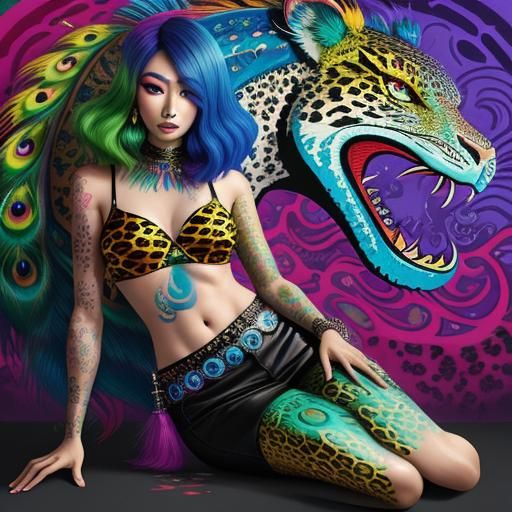 Asian Woman with Rainbow Dragon Scales Graffiti Art