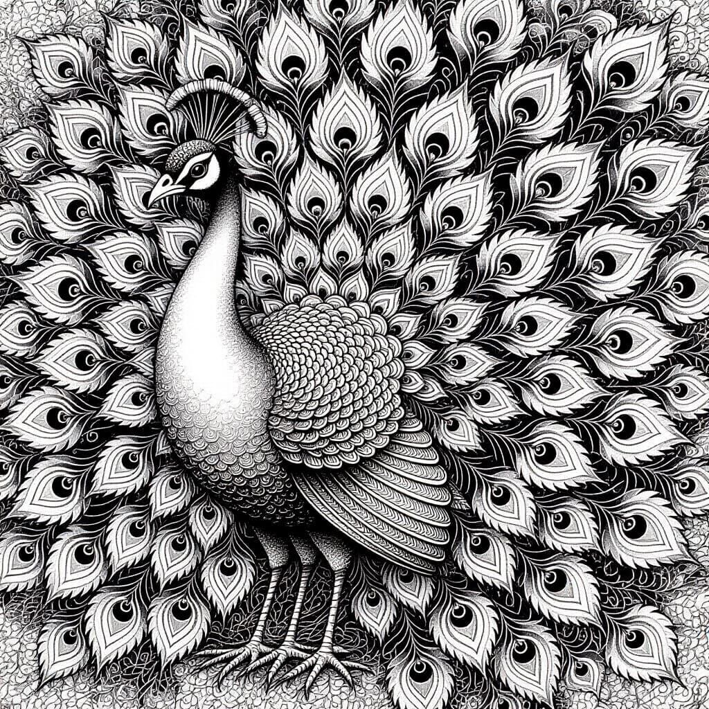 Monochrome Zentangle Peacock Pencil Drawing