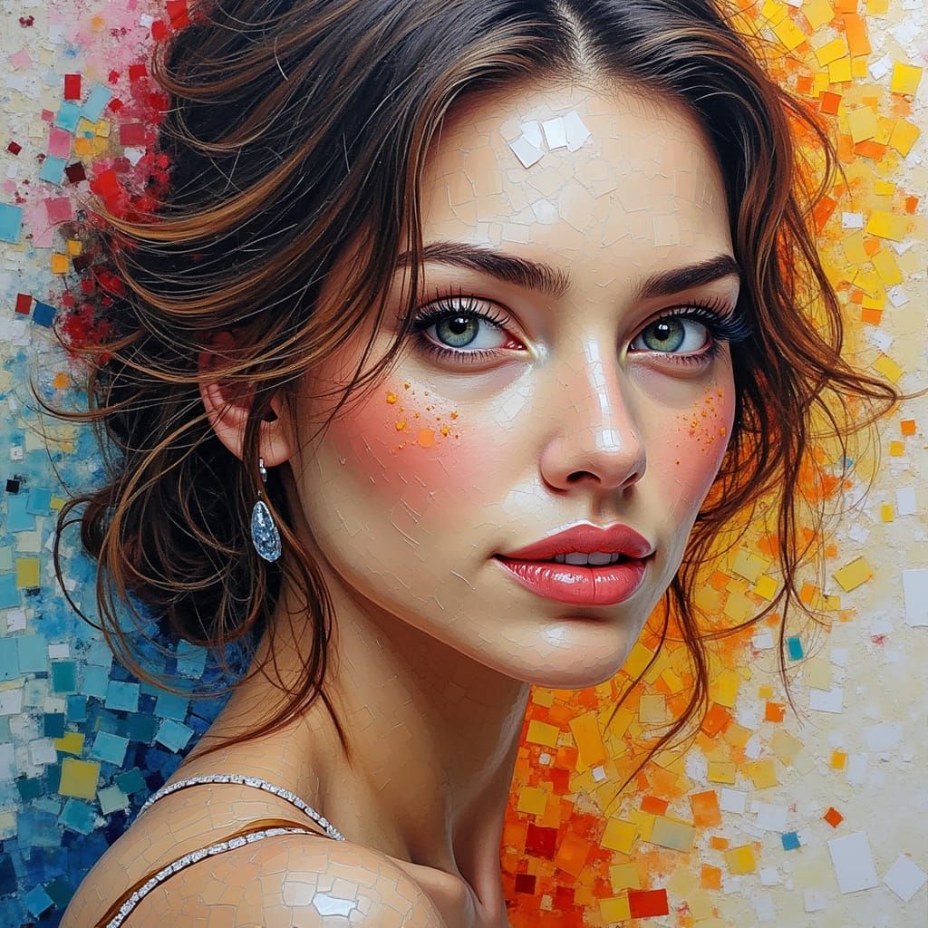 Vibrant Mosaic Portrait of a Stunning Woman in Expressive Al...
