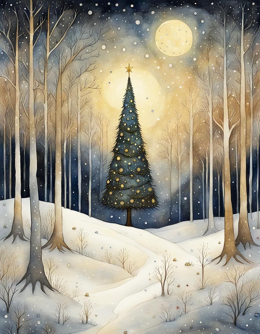 Surreal Watercolor Christmas Tree in a Whimsical Nordic Wint...