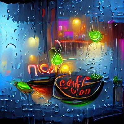 Rainy Cafe Window with Neon Sign in 8K