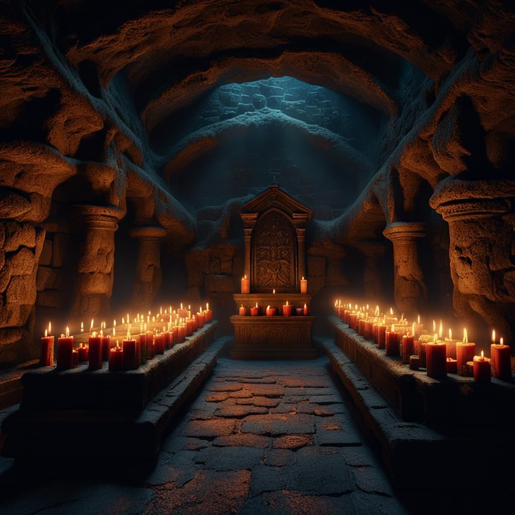 Ominous Crypt with Flickering Candles, Dark Fantasy Art