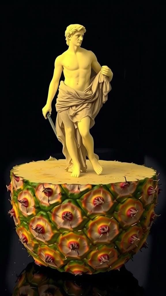 A sculpture of Michelangelo's David, carved from a ripened pineapple, with the fruit's intricate texture and color still...
