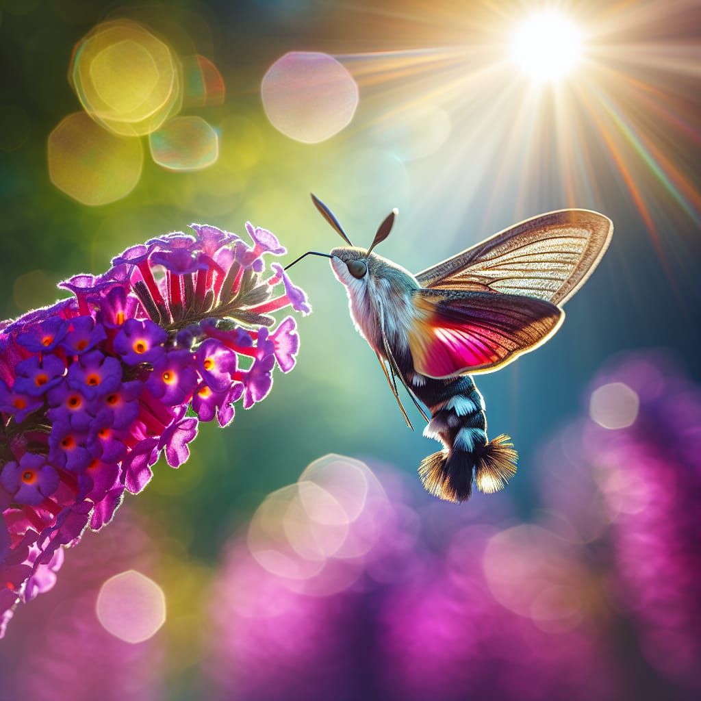 Hummingbird Moth Feeds on Purple Flower: Professional Photo