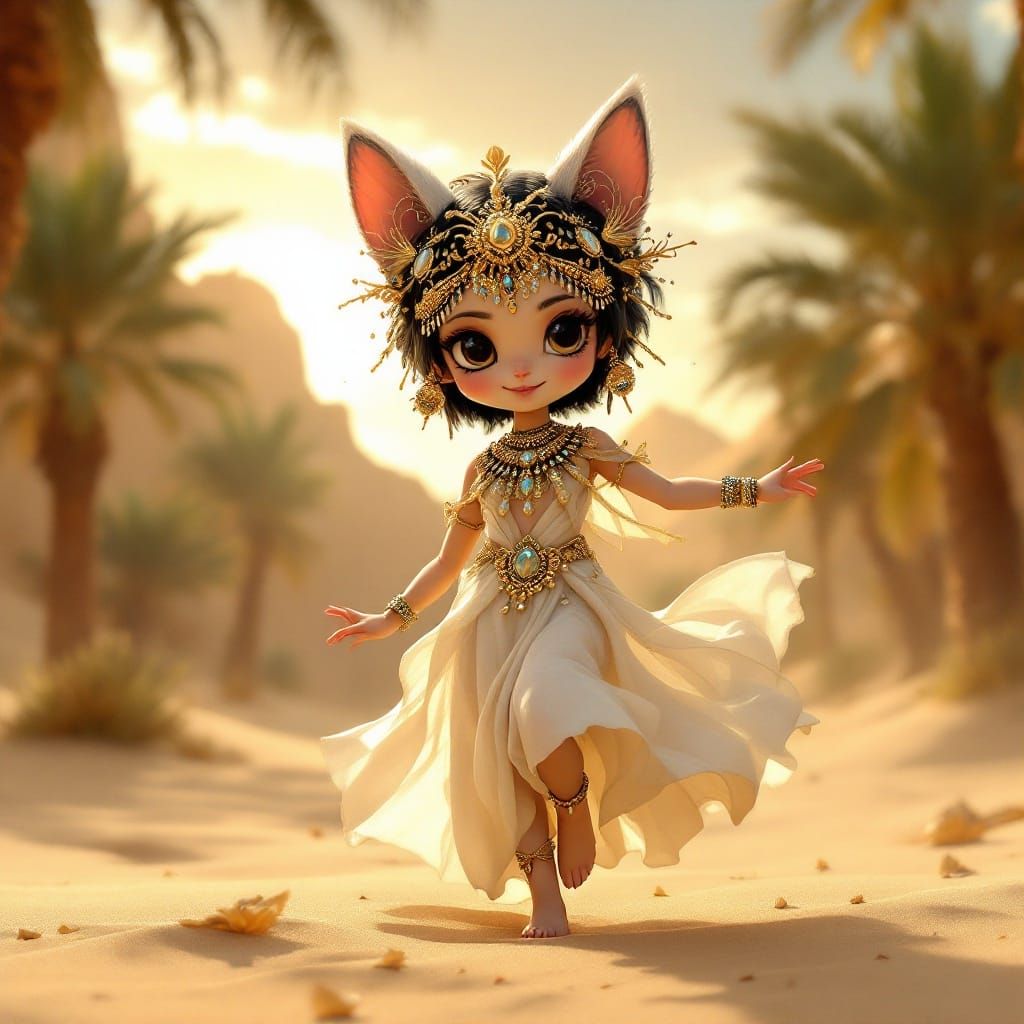 Whimsical Egyptian Goddess Dances Under Starry Desert Skies