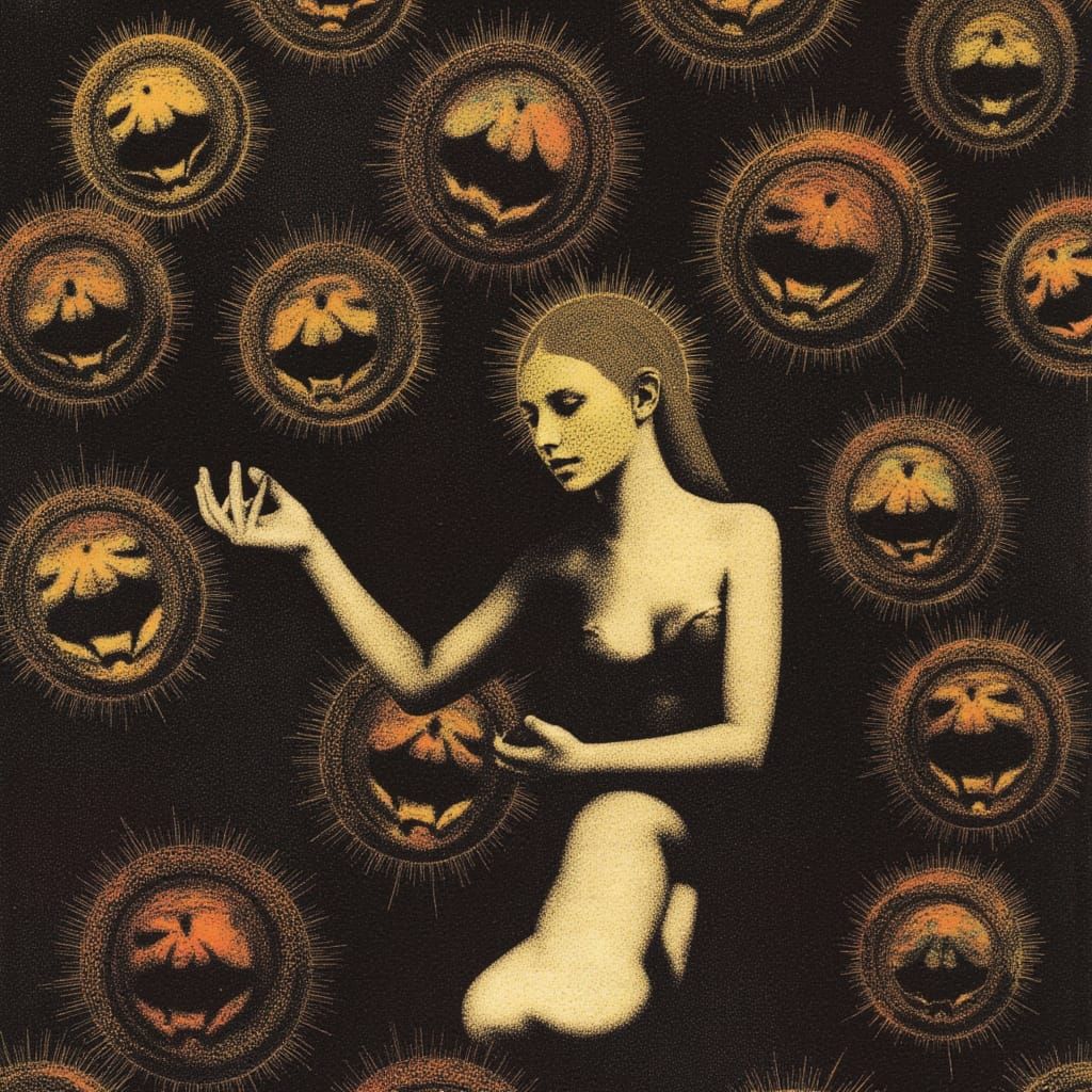 Surreal Collagraph Print of Bella and Cats