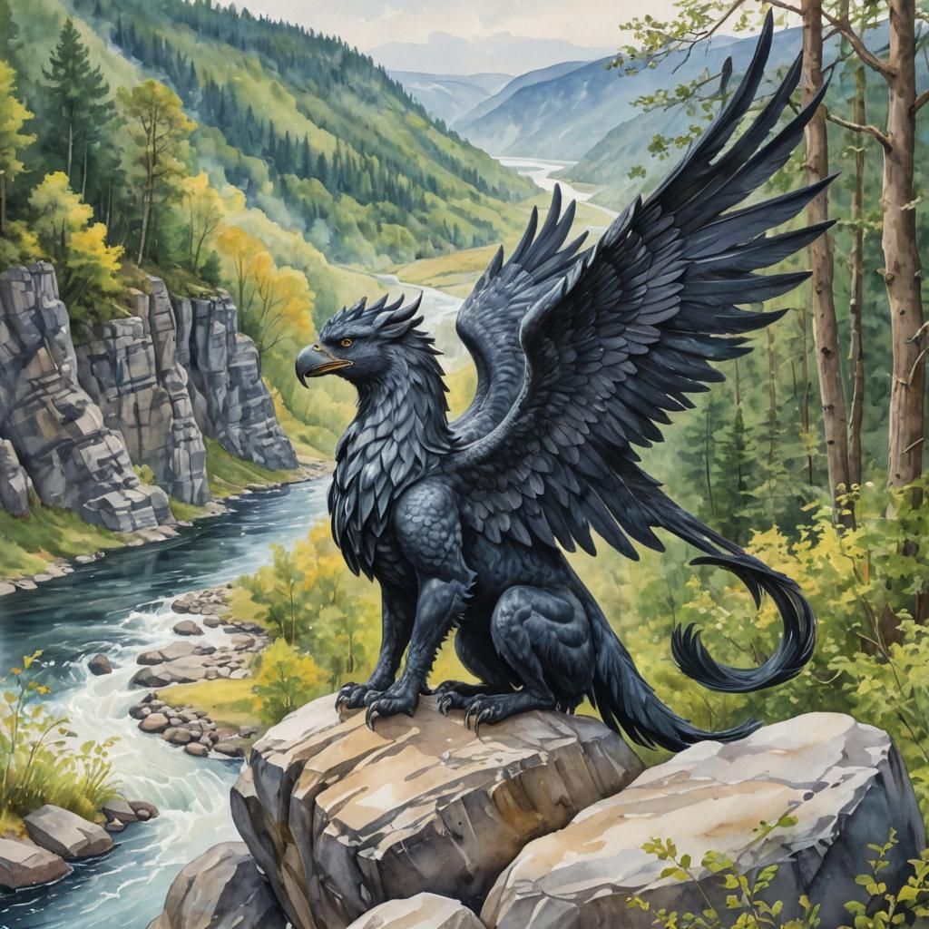Obsidian Griffin Overlooking Wooded Valley in Watercolor