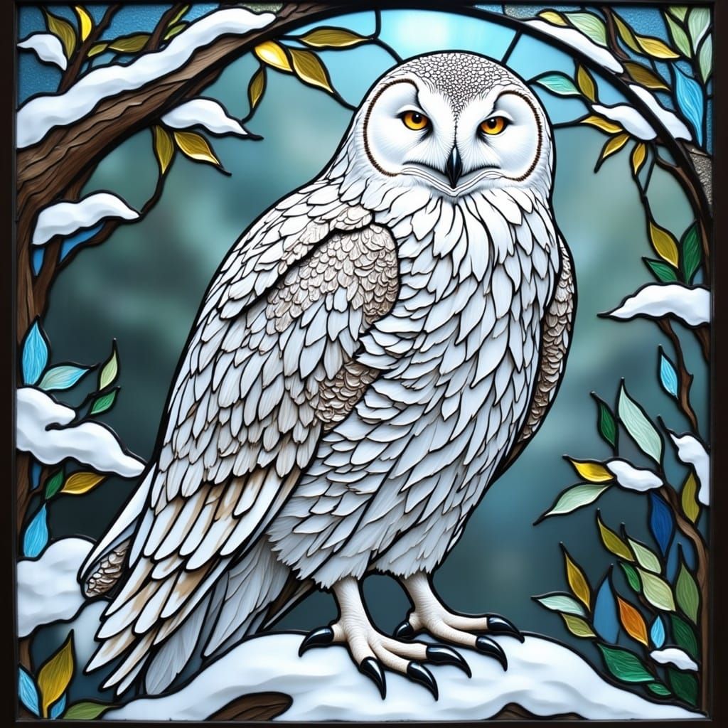 Surreal Stained Glass Portrait of a Snowy Owl