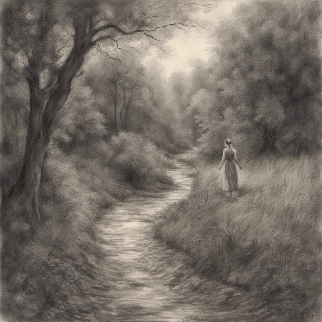 Hyperdetailed Charcoal Drawing: Woman by Woodland Stream